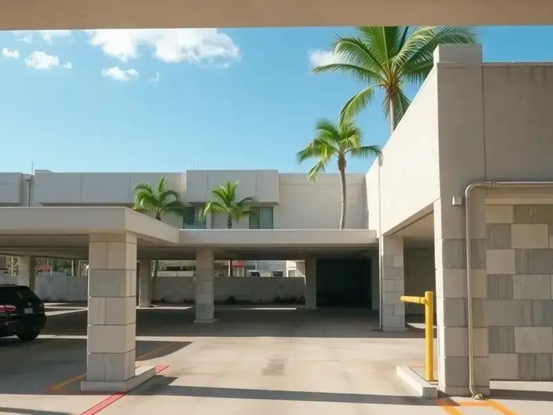 Commercial parking structure with decorative block