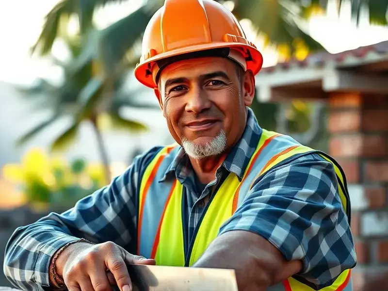 Master mason working on custom brick wall in Kauai
