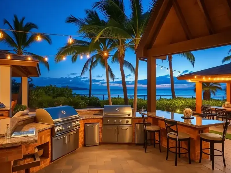 Stunning outdoor kitchen with brick counters and built-in grill in Kauai