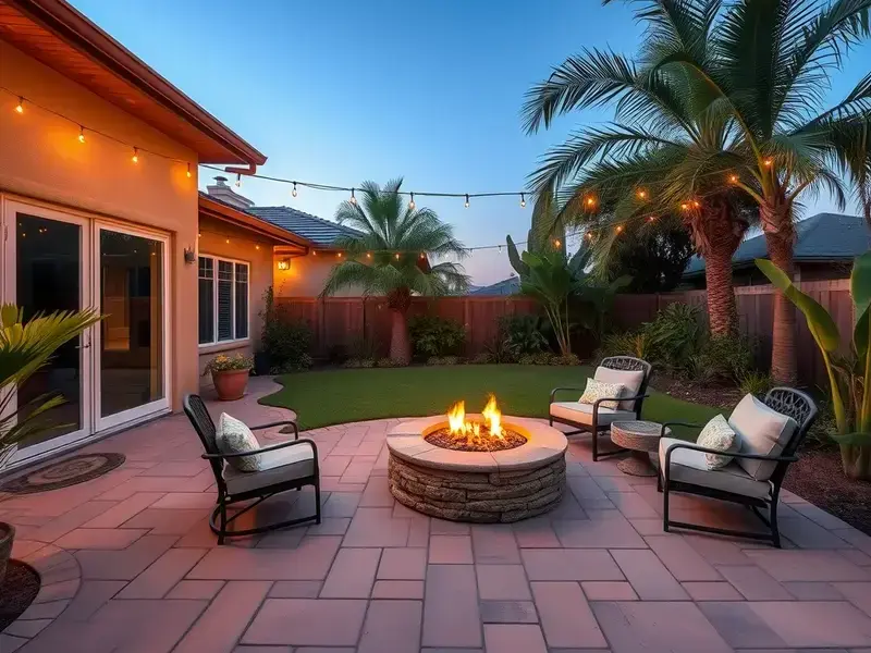 Family home with paver patio and fire pit