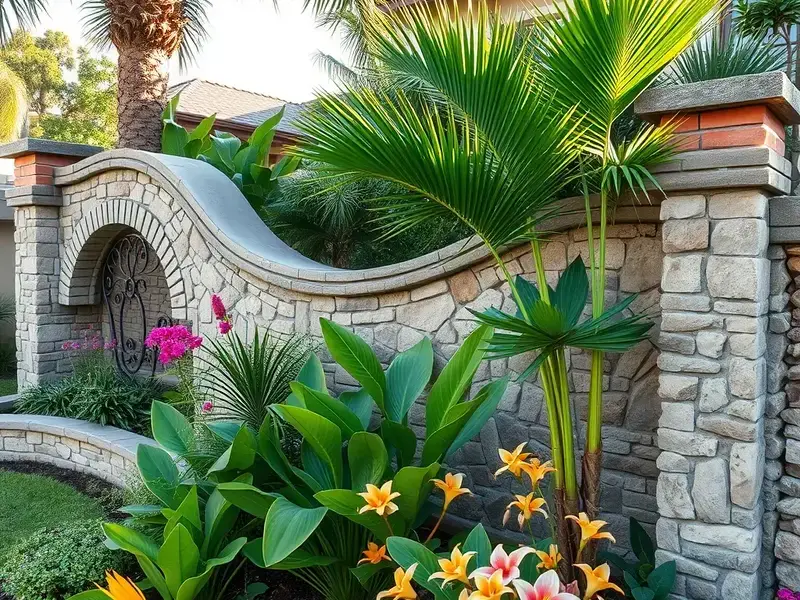 Garden with decorative retaining walls