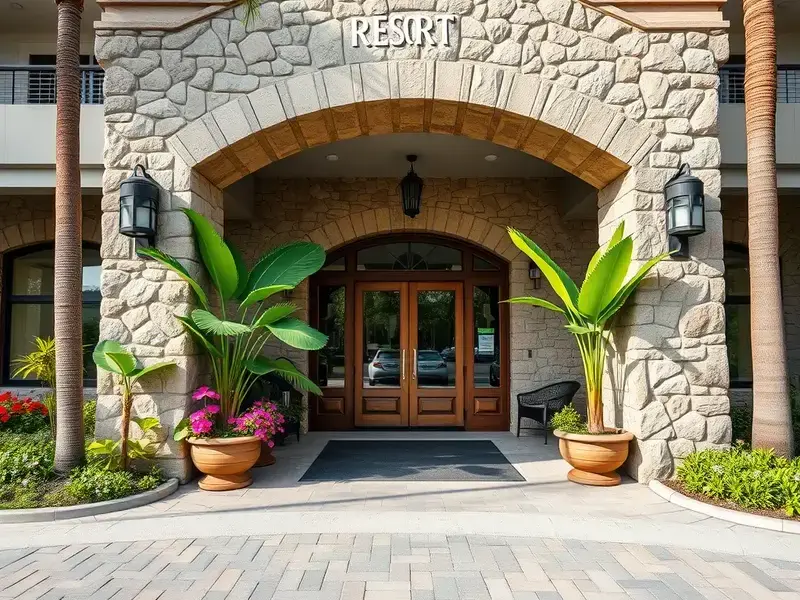 Tropical resort with stone facade renovation